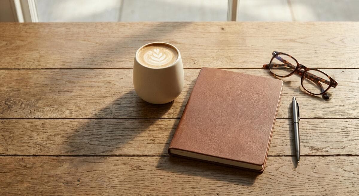 A coffee, notebook and glasses on a sunlit wooden table
